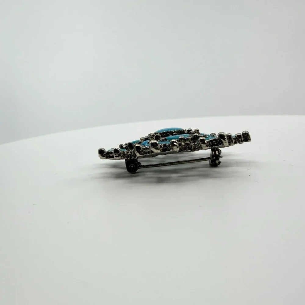 Vintage Silver Tone Simulated Turquoise Flower Brooch Pin Boho Retro Ornate‎ 90s